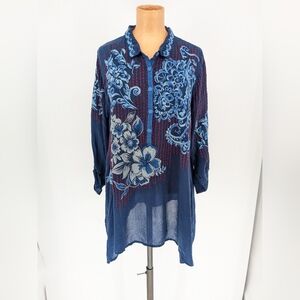 Johnny Was Gilani Tunic Embroidered Floral Relaxed Shirt Blouse Blue Womens Sz S